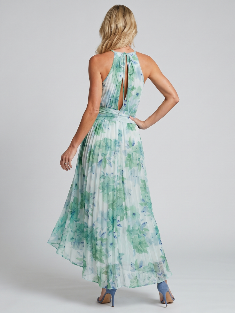 Uma | Women's Pleated Halter Midi Dress, Soft Floral Summer Dress - Green