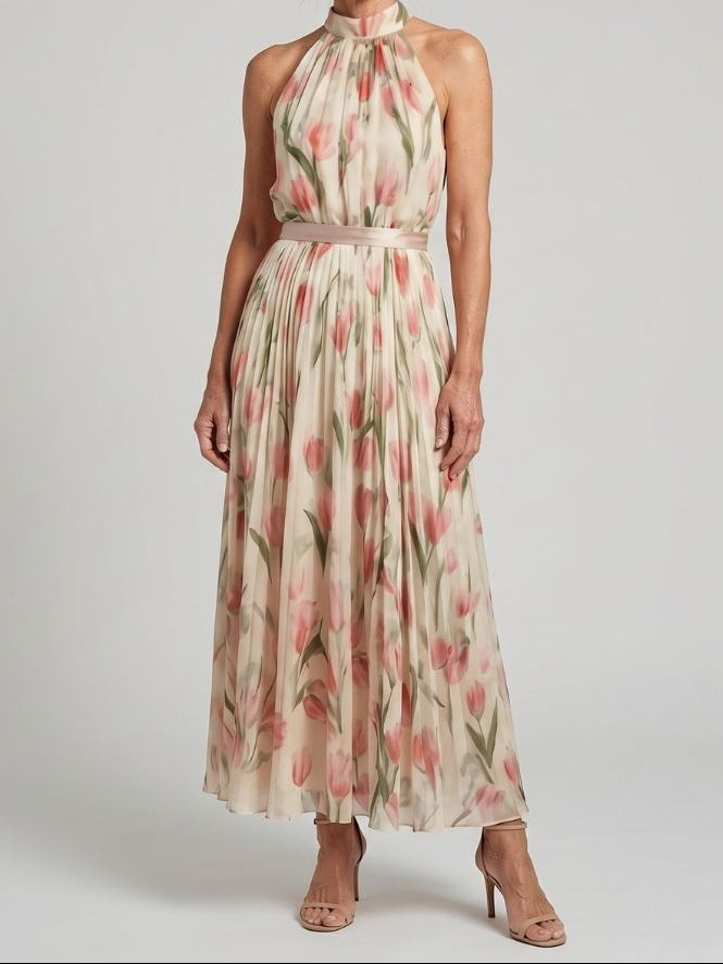 Lena | Women's Halter Neck Midi Dress, Floral Summer Dress - Floral