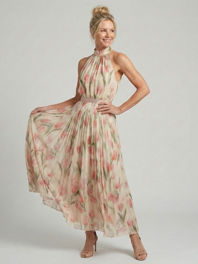 Lena | Women's Halter Neck Midi Dress, Floral Summer Dress - Floral
