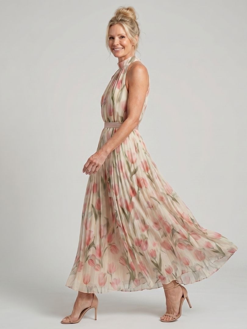 Lena | Women's Halter Neck Midi Dress, Floral Summer Dress - Floral