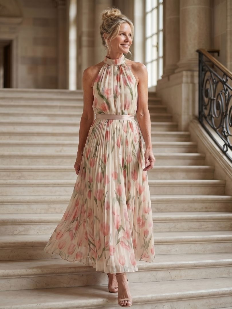 Lena | Women's Halter Neck Midi Dress, Floral Summer Dress - Floral
