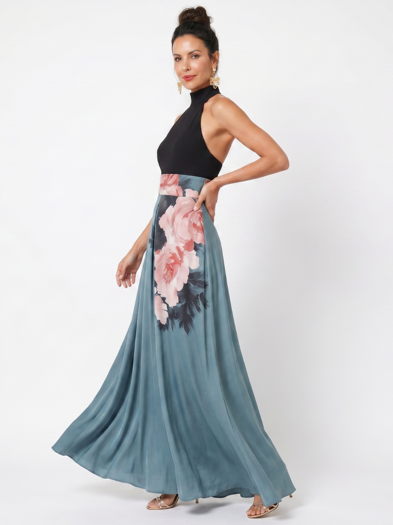 Juliette | Women's Halter Bodice Maxi Dress, Floral Skirt Summer Dress - Multicolor