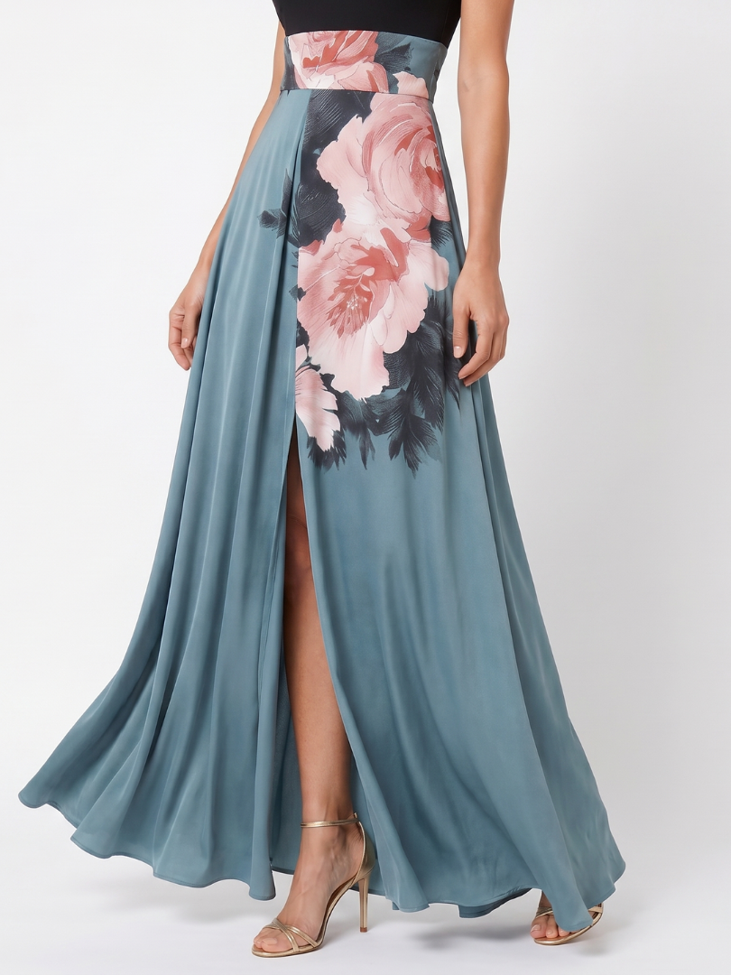 Juliette | Women's Halter Bodice Maxi Dress, Floral Skirt Summer Dress - Multicolor
