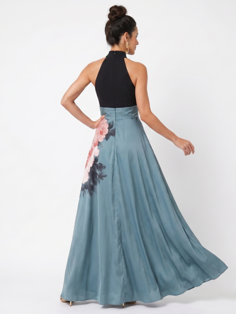Juliette | Women's Halter Bodice Maxi Dress, Floral Skirt Summer Dress - Multicolor