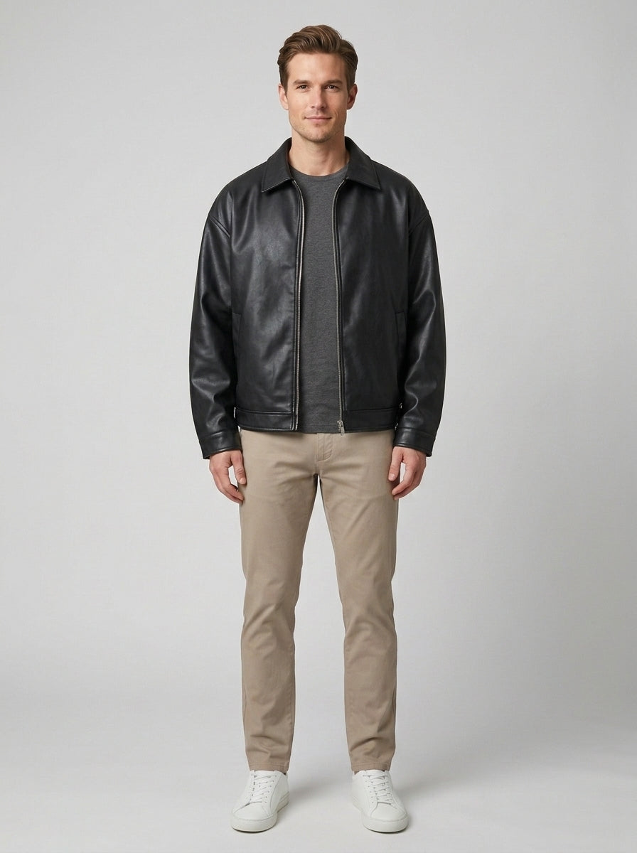 Martin | Men's Leather Bomber Jacket, Streetwear Oversized Winter Jacket - Black - Front [Lystr 6a74a0daabc9e1fc8a8ad56a:front]