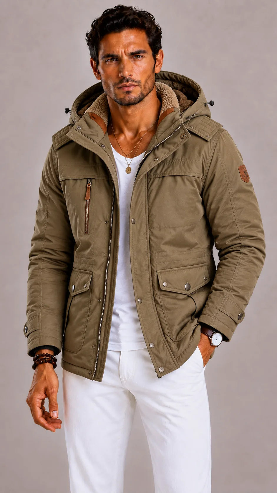 Emiel | Men's Hooded Multi Pocket Parka, Green Winter Outerwear