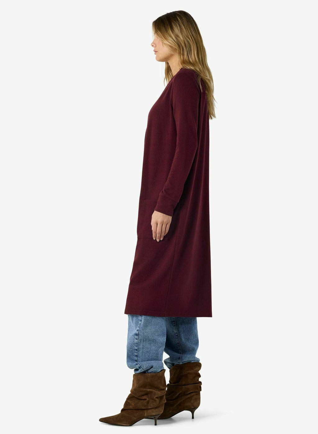 Livia | Women's Long Knit Cardigan, Bordeaux Soft Drape Autumn Winter