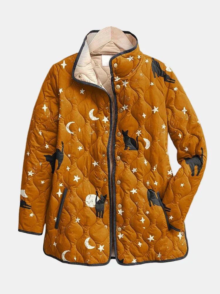 Eira | Women's Quilted Jacket, Black Cat Print Winter Jacket - Floral