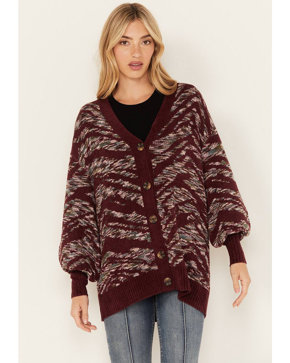 Elise | Women's Knit Cardigan V Neck Puff Sleeve Casual Maroon