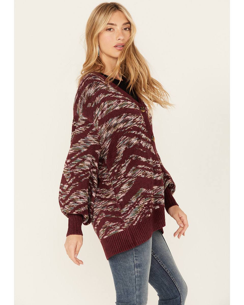 Elise | Women's Knit Cardigan V Neck Puff Sleeve Casual Maroon