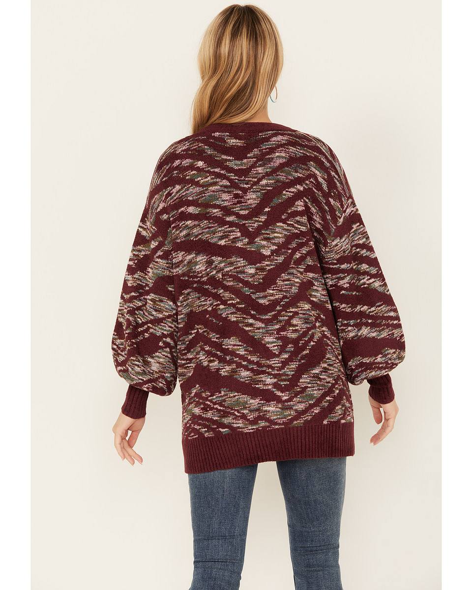 Elise | Women's Knit Cardigan V Neck Puff Sleeve Casual Maroon