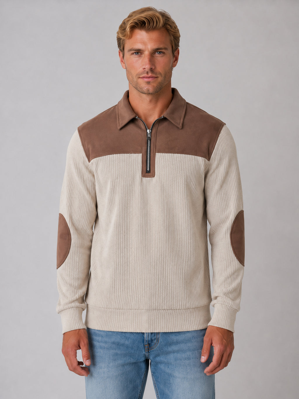 Emerson | Men's Quarter Zip Jumper Ribbed Elbow Patches Smart Casual Autumn Winter