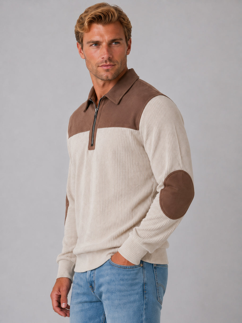 Emerson | Men's Quarter Zip Jumper Ribbed Elbow Patches Smart Casual Autumn Winter