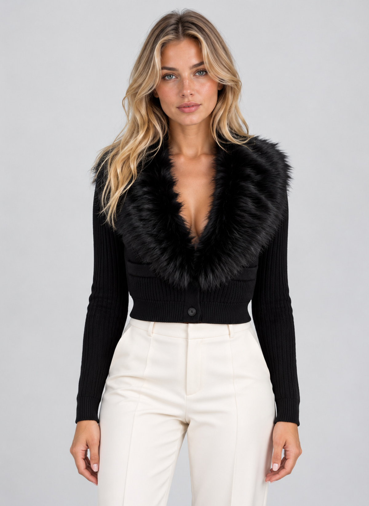 Esme | Women's Plush Faux Fur Collar Cardigan Ribbed Button Front Knitwear