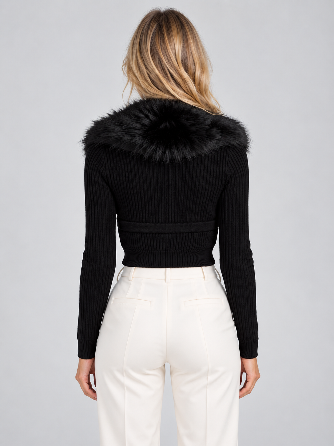 Esme | Women's Plush Faux Fur Collar Cardigan Ribbed Button Front Knitwear