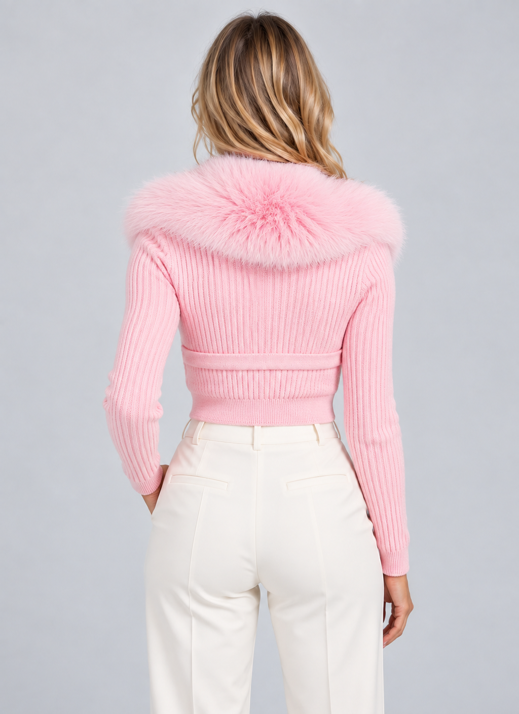 Esme | Women's Plush Faux Fur Collar Cardigan Ribbed Button Front Knitwear