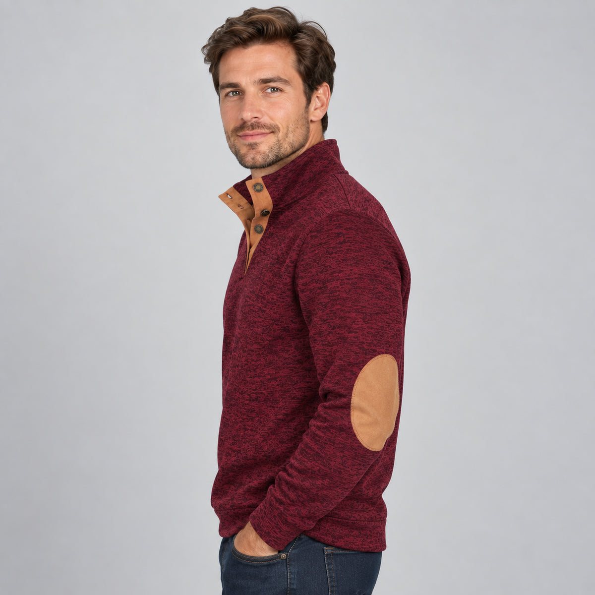 Everett | Men's Quarter Button Stand Collar Jumper Elbow Patches Autumn Winter