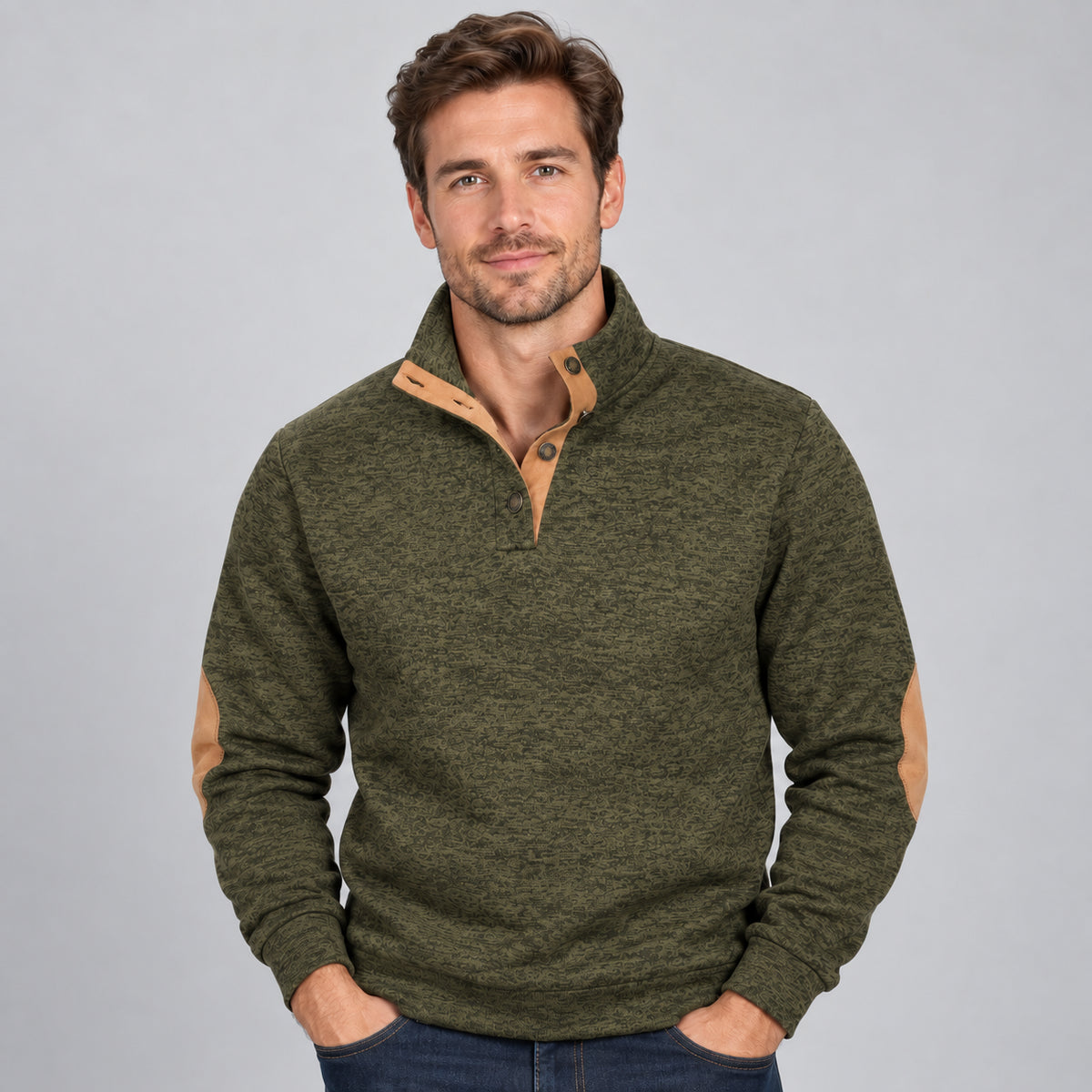 Everett | Men's Quarter Button Stand Collar Jumper Elbow Patches Autumn Winter