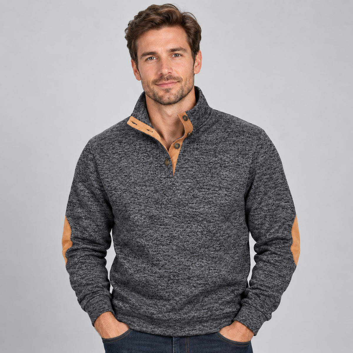 Everett | Men's Quarter Button Stand Collar Jumper Elbow Patches Autumn Winter