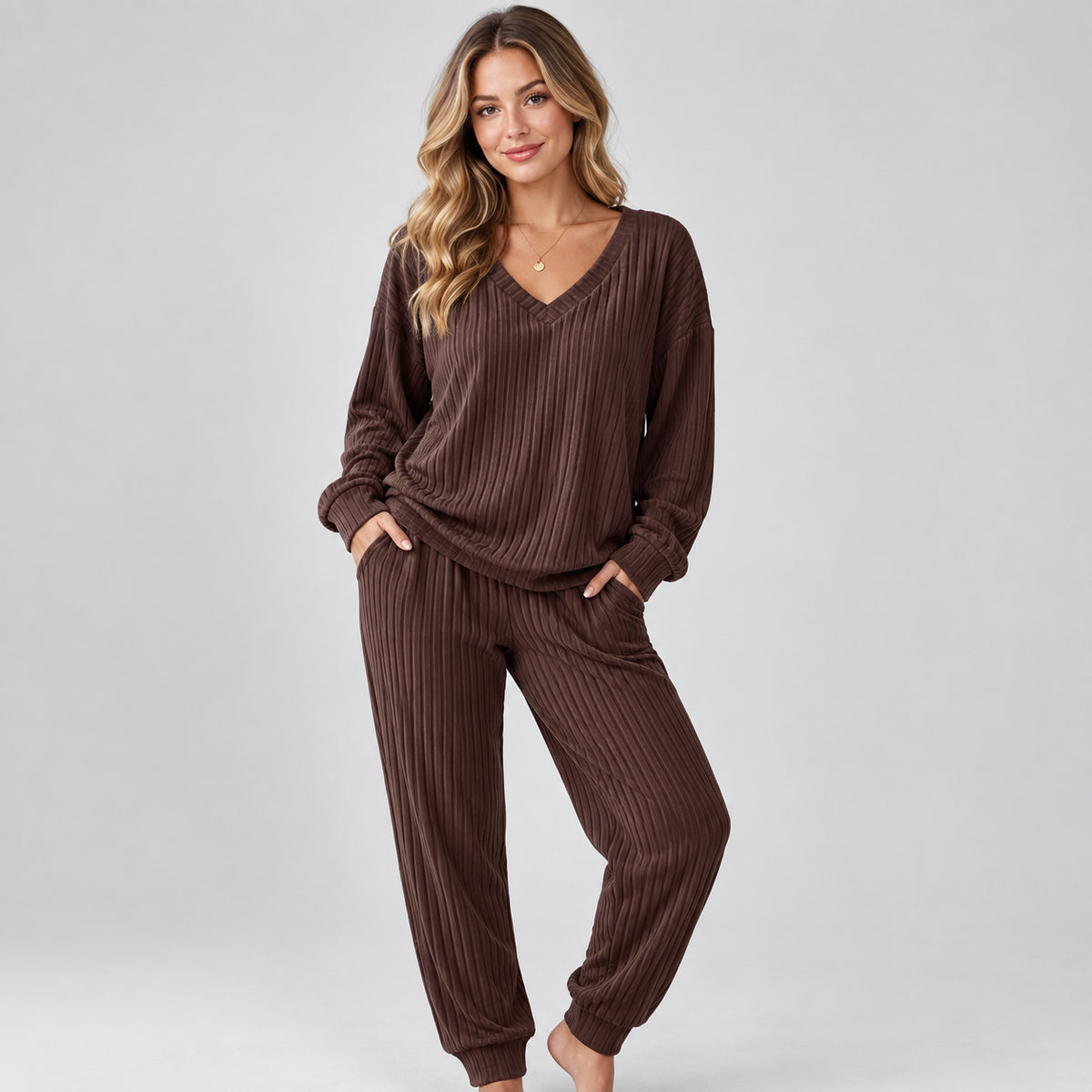 Fleur | Women's Lounge Set V Neck Long Sleeve Knitted Two Piece