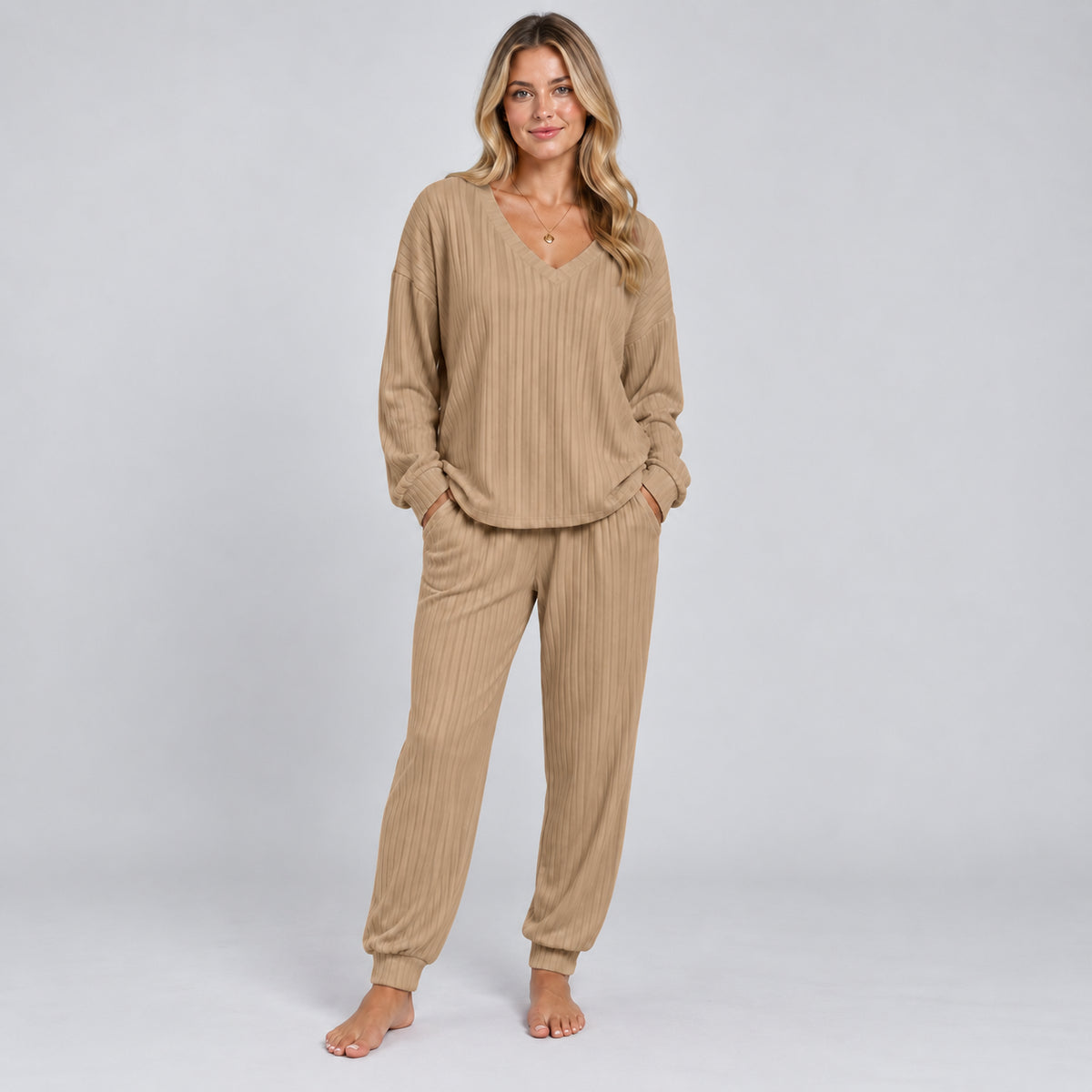 Fleur | Women's Lounge Set V Neck Long Sleeve Knitted Two Piece