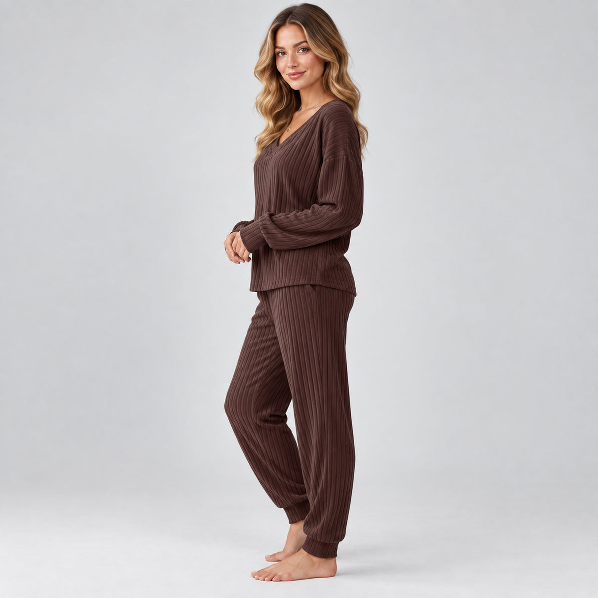 Fleur | Women's Lounge Set V Neck Long Sleeve Knitted Two Piece