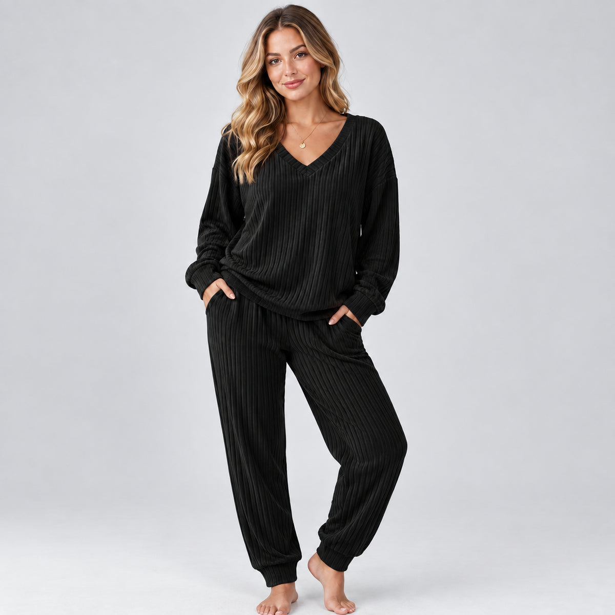 Fleur | Women's Lounge Set V Neck Long Sleeve Knitted Two Piece