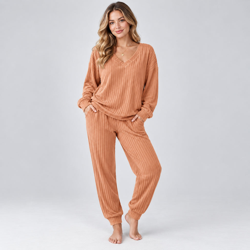 Fleur | Women's Lounge Set V Neck Long Sleeve Knitted Two Piece