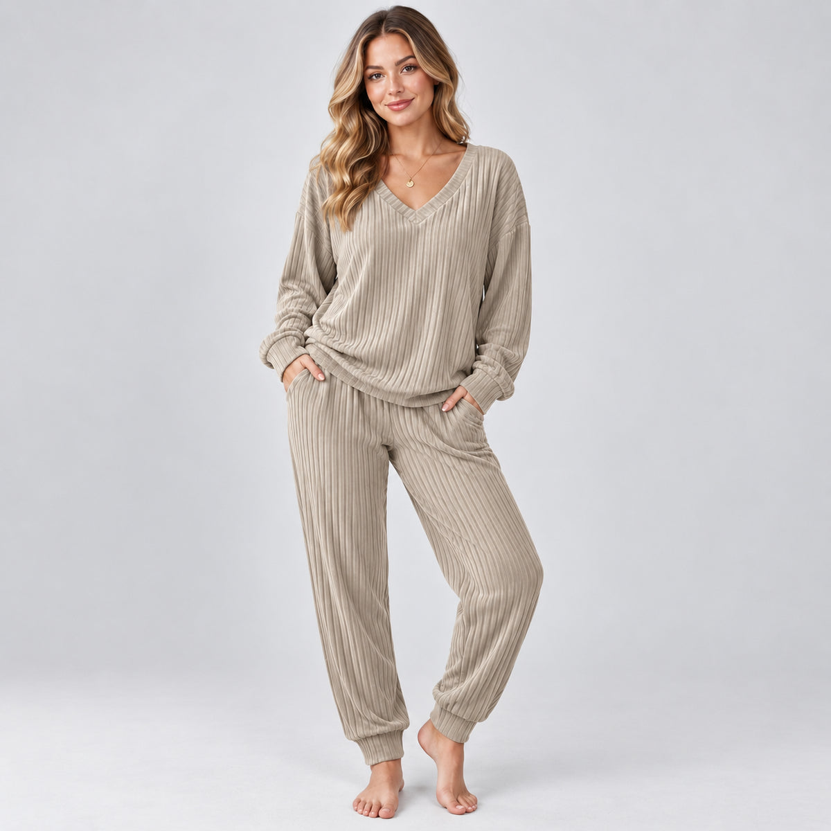 Fleur | Women's Lounge Set V Neck Long Sleeve Knitted Two Piece