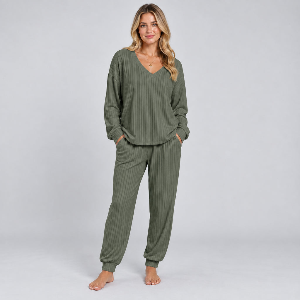Fleur | Women's Lounge Set V Neck Long Sleeve Knitted Two Piece