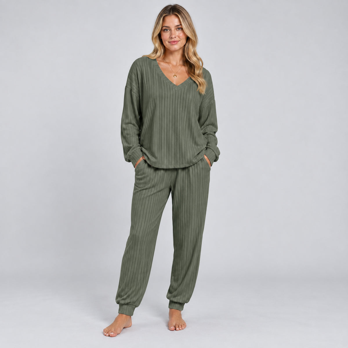 Fleur | Women's Lounge Set V Neck Long Sleeve Knitted Two Piece