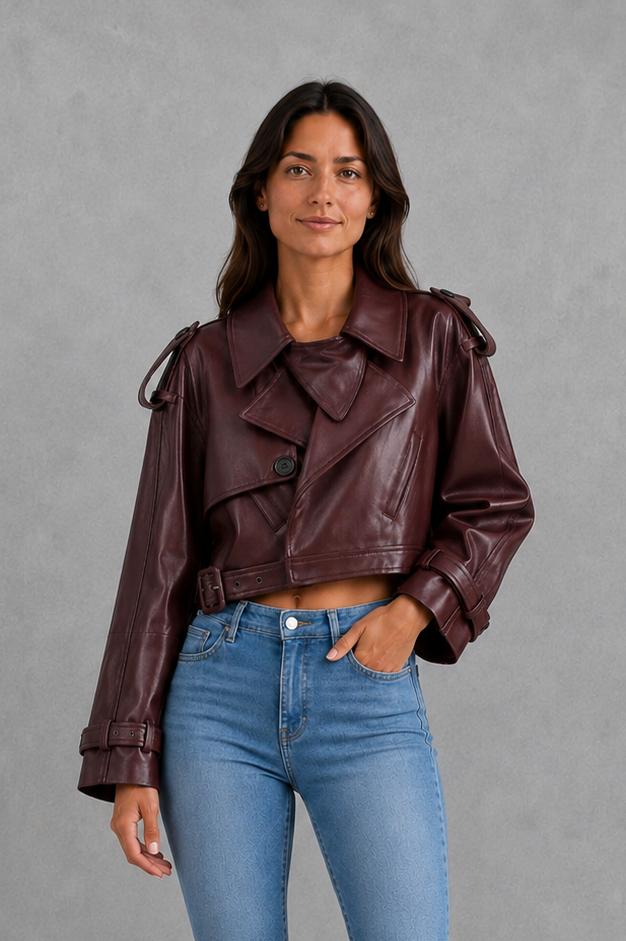 Freya | Women's Cropped Biker Jacket Belted Collared Autumn Winter