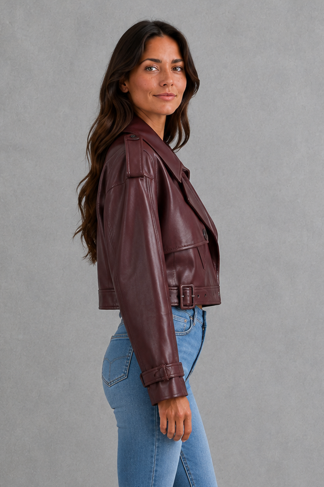 Freya | Women's Cropped Biker Jacket Belted Collared Autumn Winter