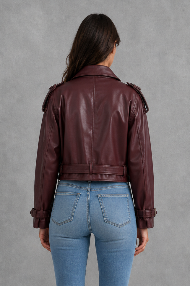 Freya | Women's Cropped Biker Jacket Belted Collared Autumn Winter