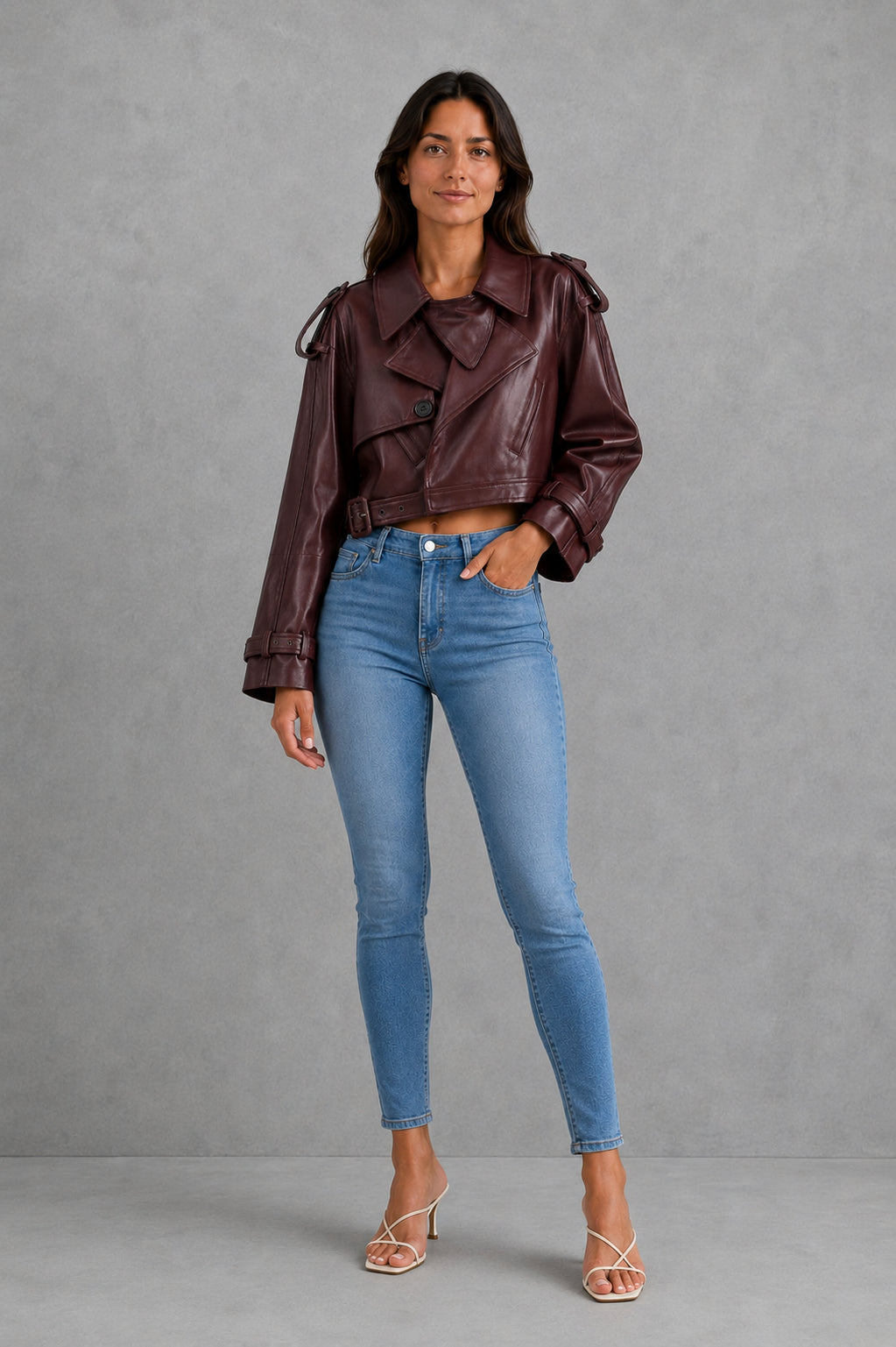 Freya | Women's Cropped Biker Jacket Belted Collared Autumn Winter