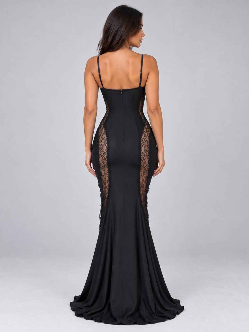 Genevieve | Women's Lace Panel Fitted Maxi Evening Dress
