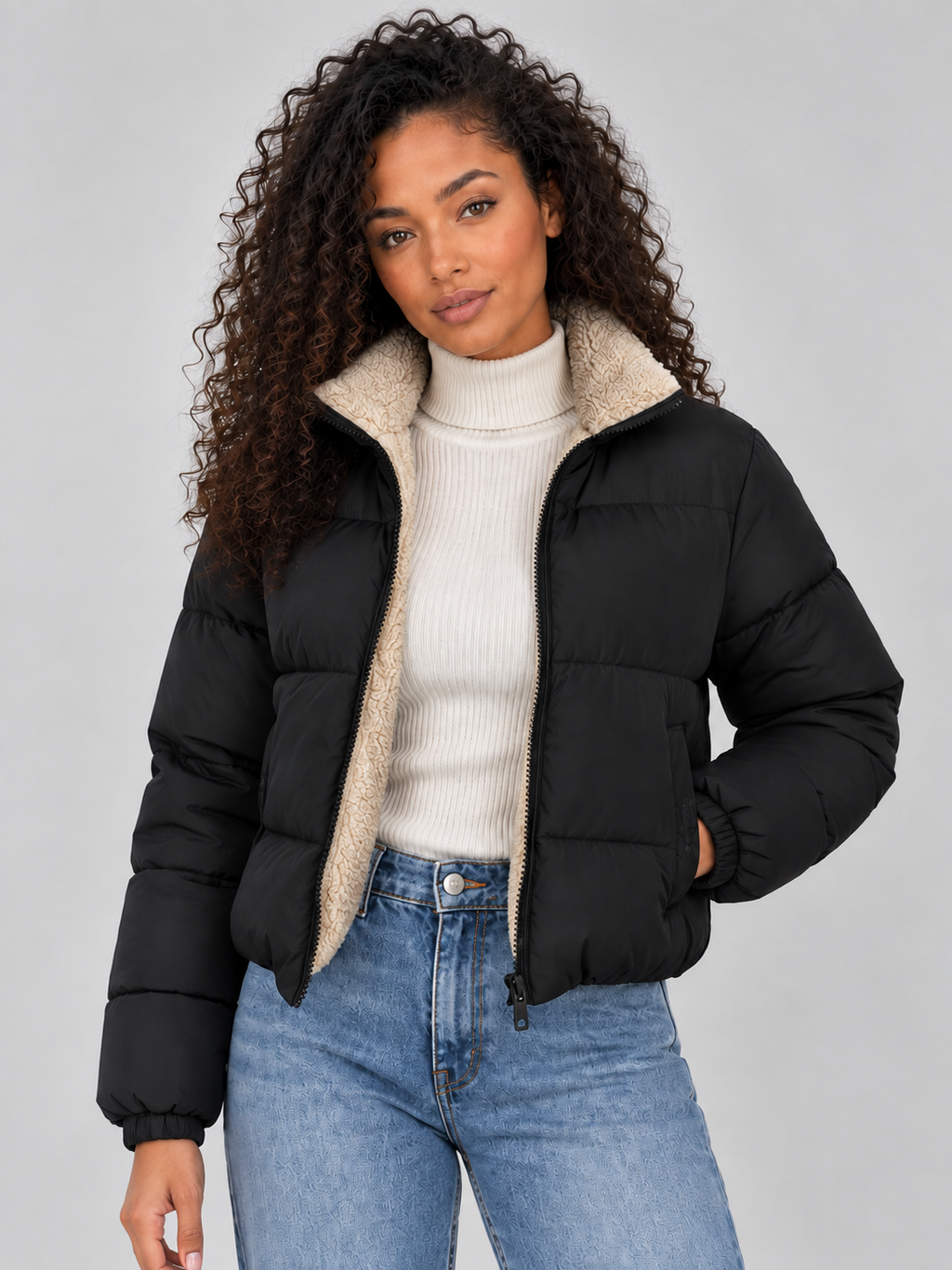 Giselle | Women's Sherpa Lined Puffer Jacket Full Zip High Neck Winter Coat