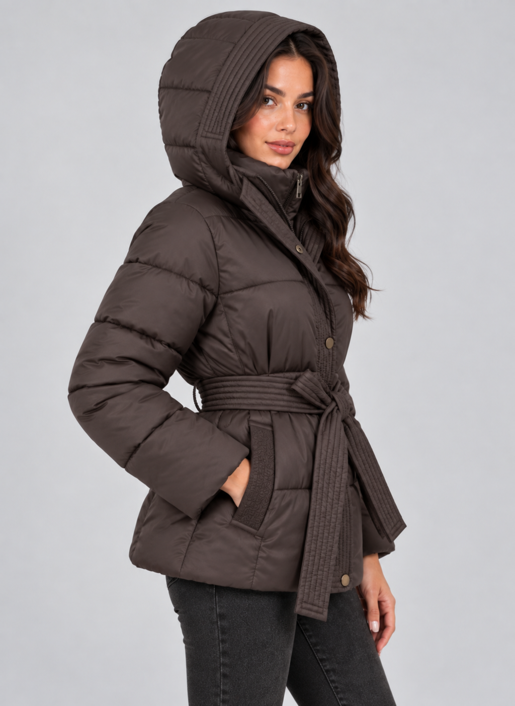 Greta | Women's Hooded Puffer Jacket Quilted Belted Winter Coat