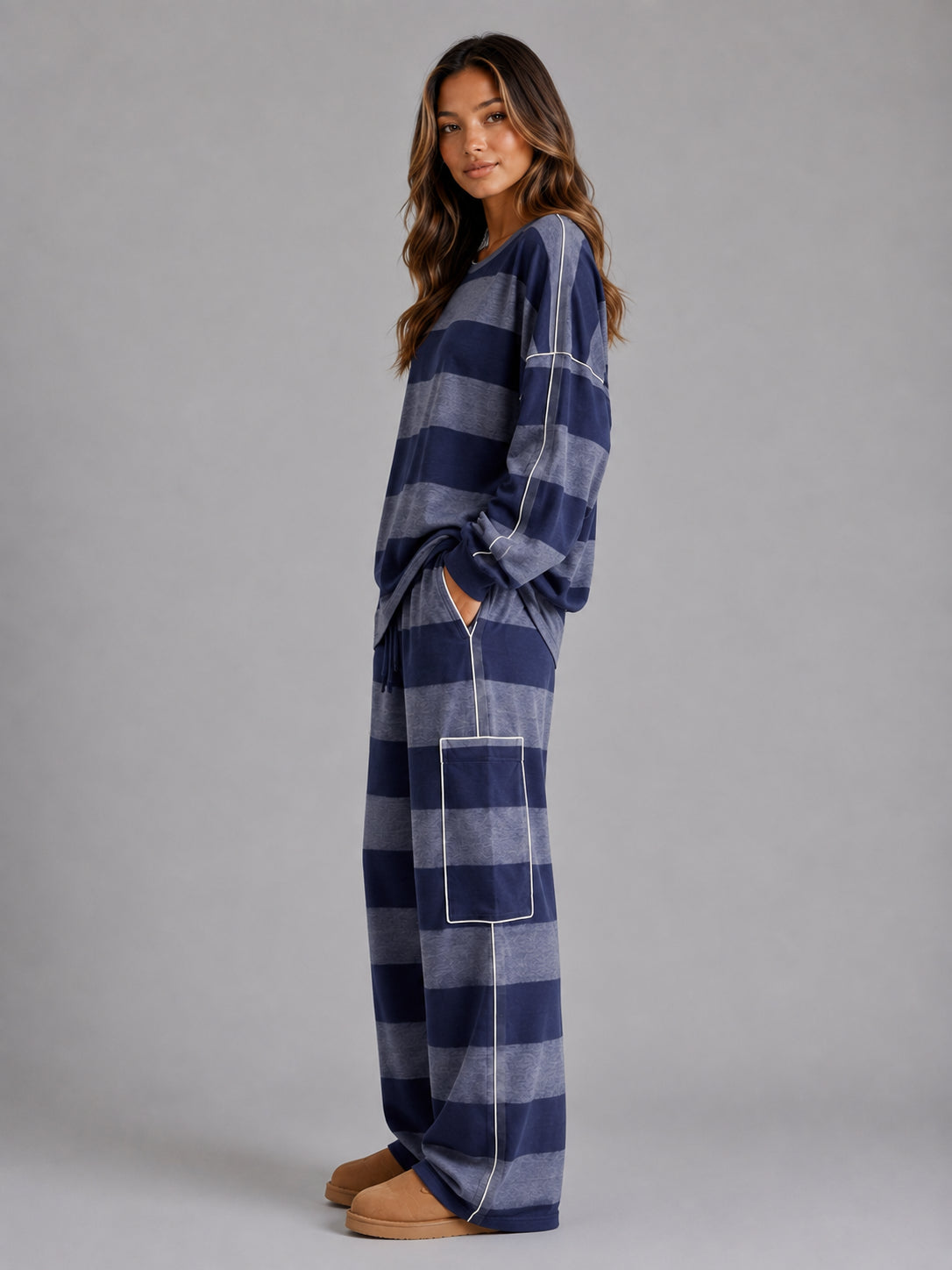Harlow | Women's Co-Ord Set Striped Oversized Sweatshirt Wide Leg Trousers