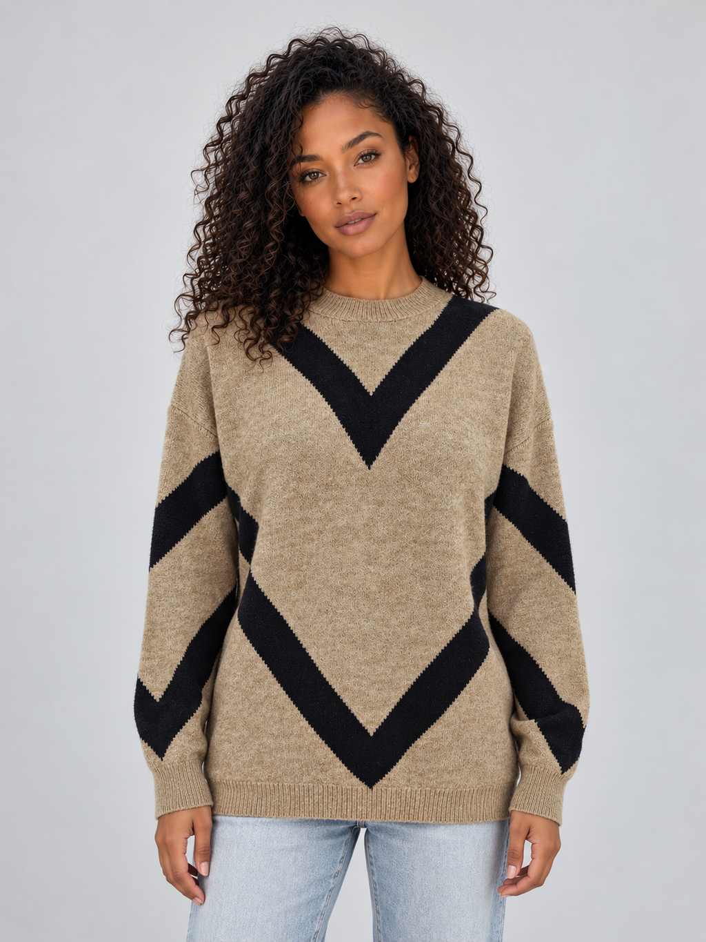 Hazel | Women's Chevron Knit Jumper Crew Neck Relaxed Fit Pullover