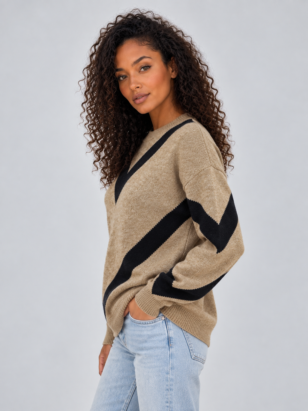 Hazel | Women's Chevron Knit Jumper Crew Neck Relaxed Fit Pullover