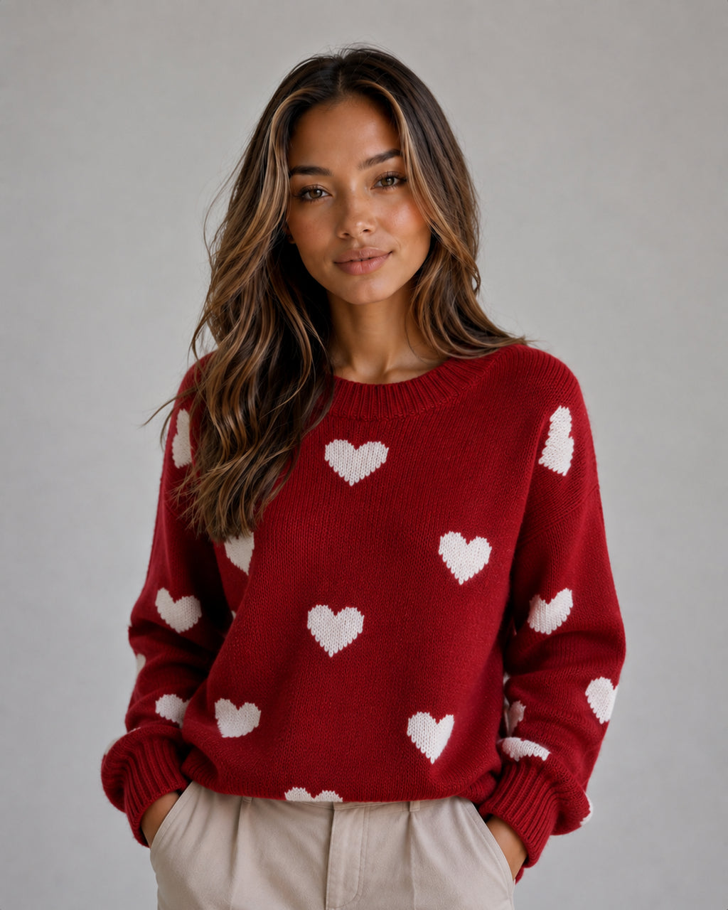 Heidi | Women's Heart Print Knitted Jumper Crew Neck Casual Autumn Winter