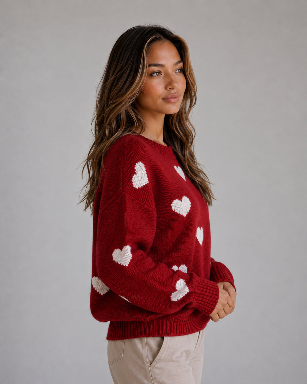 Heidi | Women's Heart Print Knitted Jumper Crew Neck Casual Autumn Winter