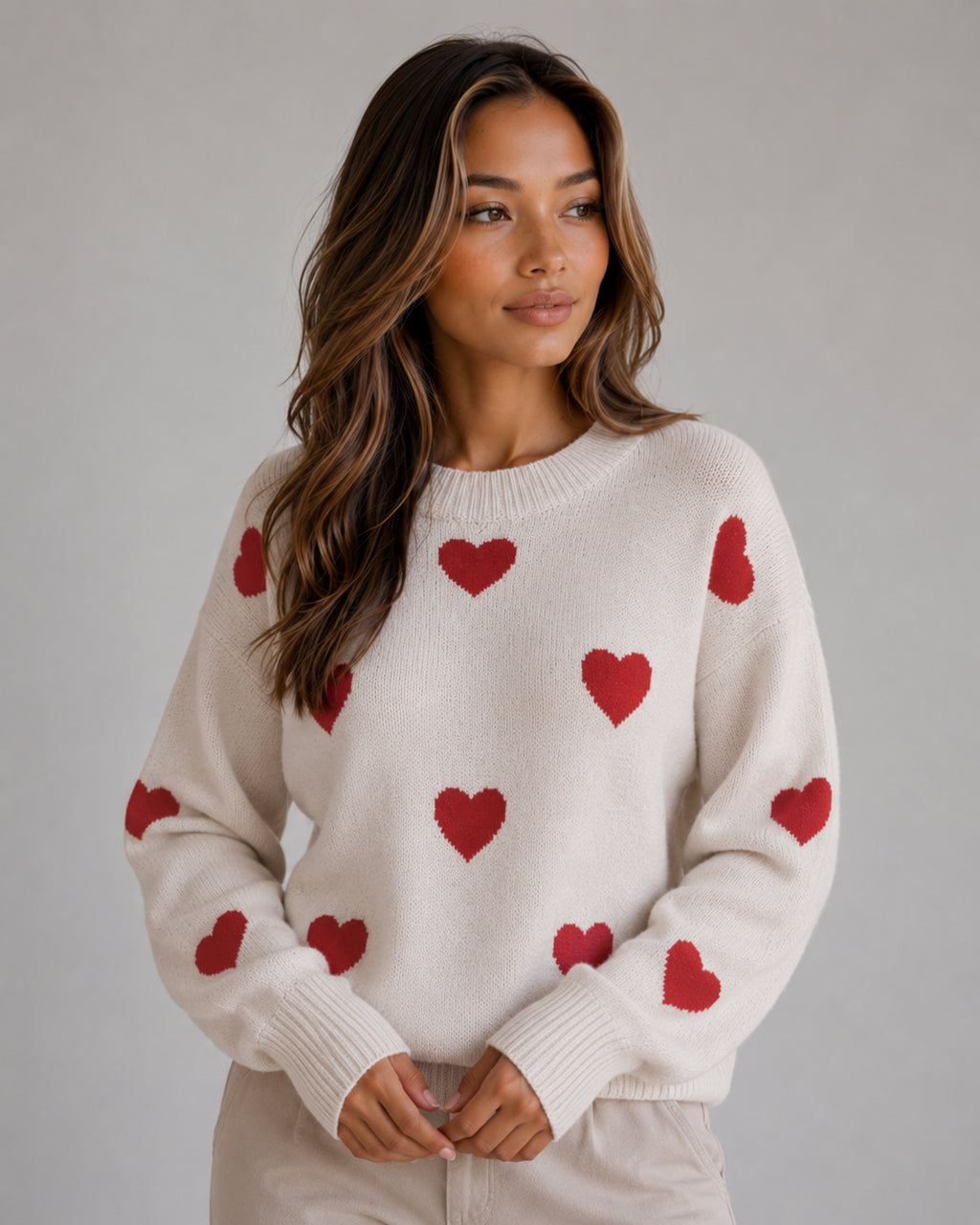 Heidi | Women's Heart Print Knitted Jumper Crew Neck Casual Autumn Winter