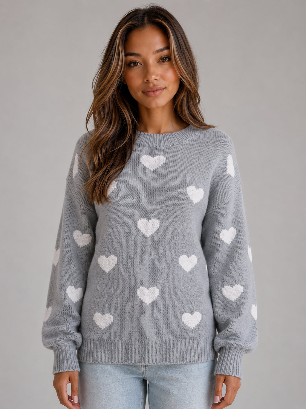 Heidi | Women's Heart Print Knitted Jumper Crew Neck Casual Autumn Winter