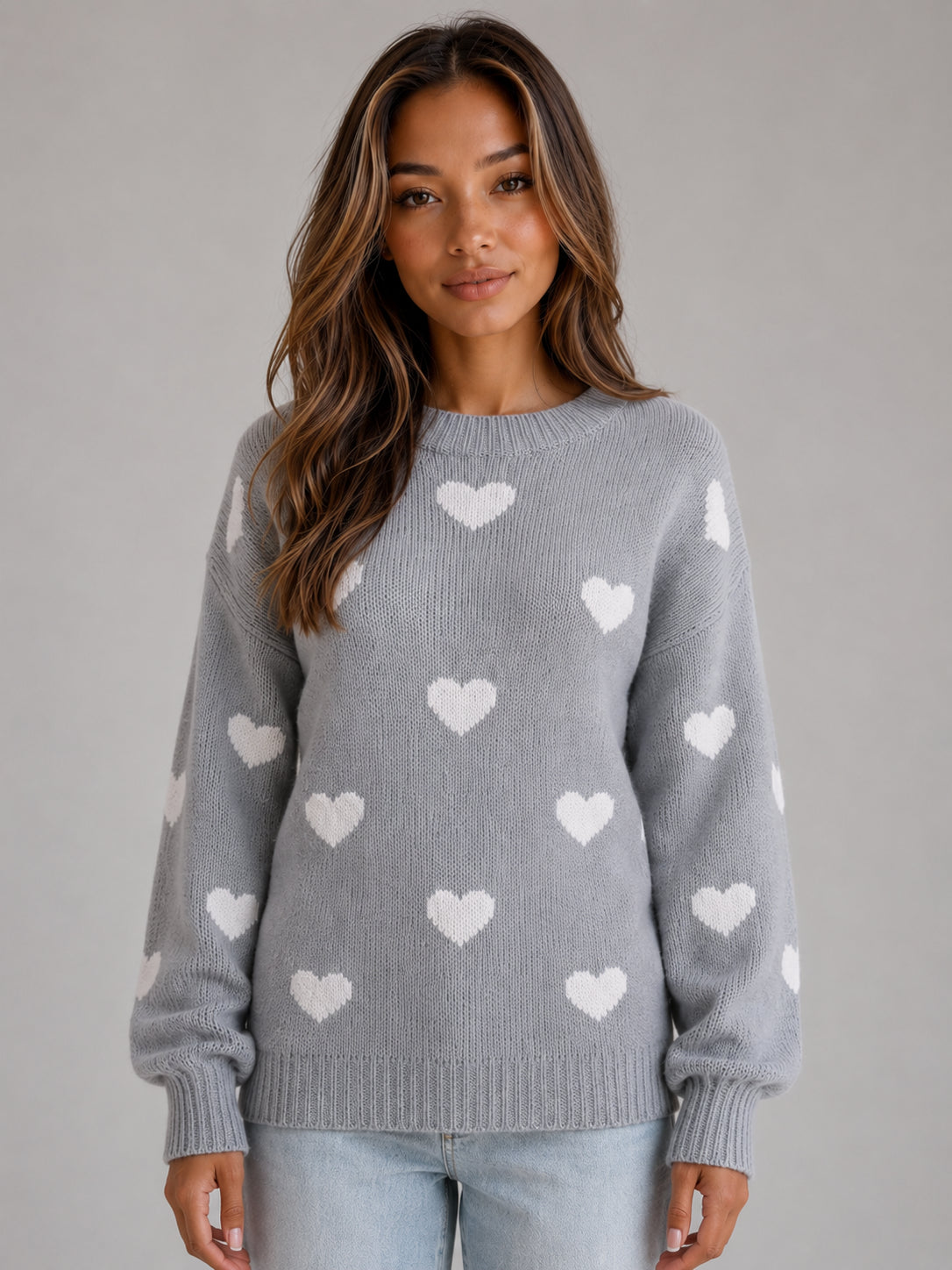 Heidi | Women's Heart Print Knitted Jumper Crew Neck Casual Autumn Winter
