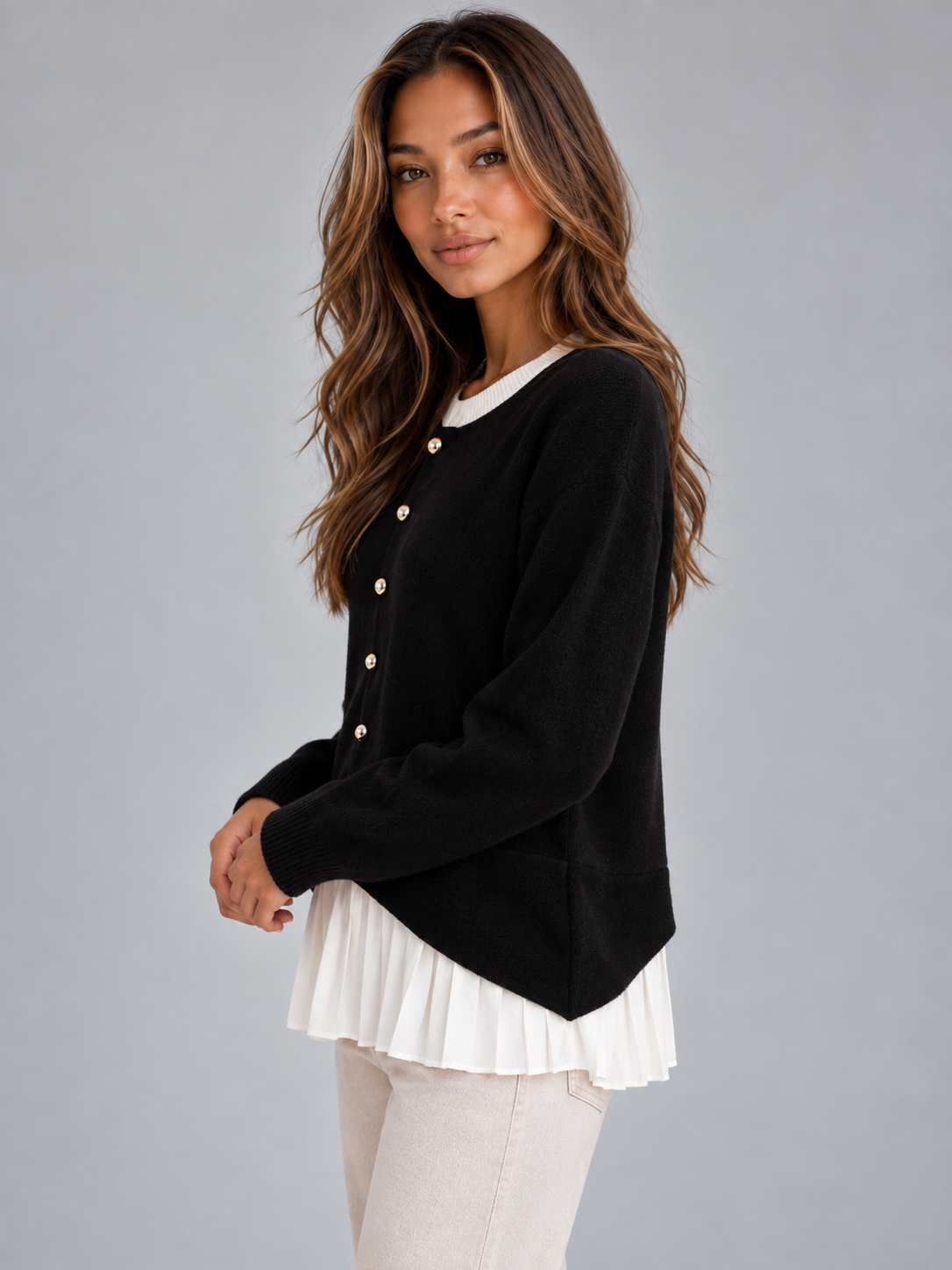 Imogen | Women's Layered Knit Cardigan Button Front Pleated Hem Jumper