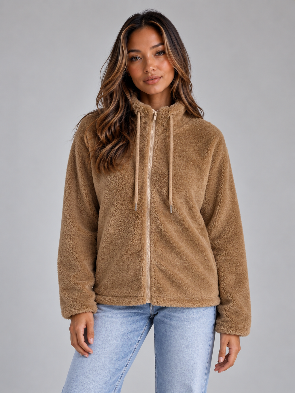 Ines | Women's Teddy Fleece Zip-Up Jacket Soft High Neck Jumper