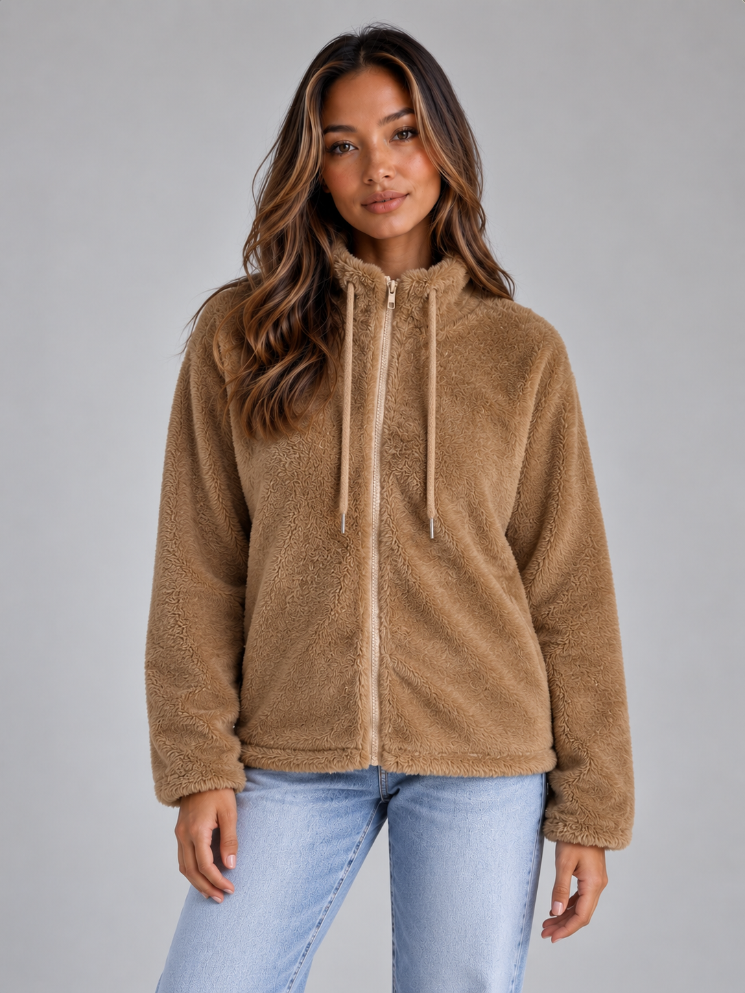 Ines | Women's Teddy Fleece Zip-Up Jacket Soft High Neck Jumper