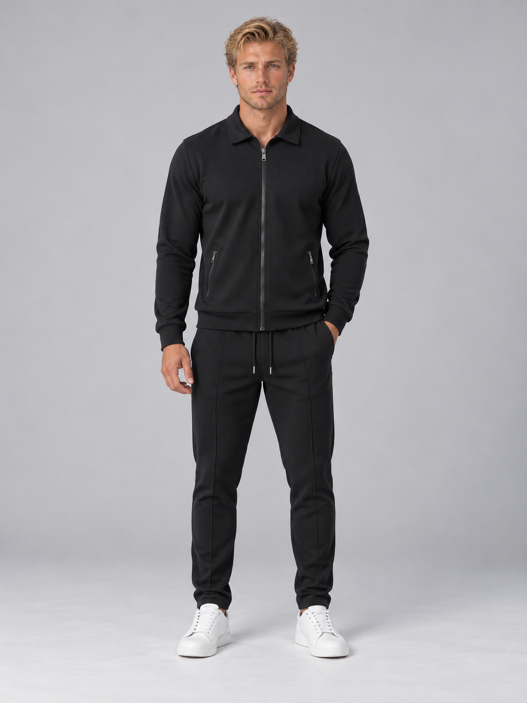 Jasper | Men's Textured Full Zip Tracksuit Collared Jacket & Joggers Two-Piece Set